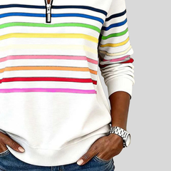 Colourful horizontal striped quarter-zip sweatshirt with silver zip and ribbed cuffs