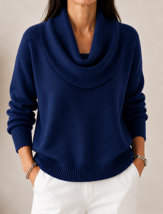 Caralina elegant cowl neck knit jumper with softly draped neckline and relaxed fit
