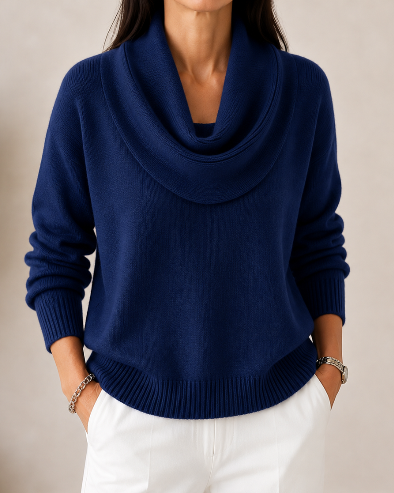 Caralina elegant cowl neck knit jumper with softly draped neckline and relaxed fit