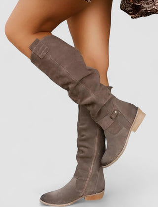 Slouch knee-high riding boots with ankle buckle strap and low block heel