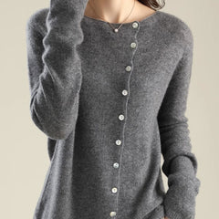 Women's V-neck button-front long sleeve cardigan with softly shaped collar and hip-length hem