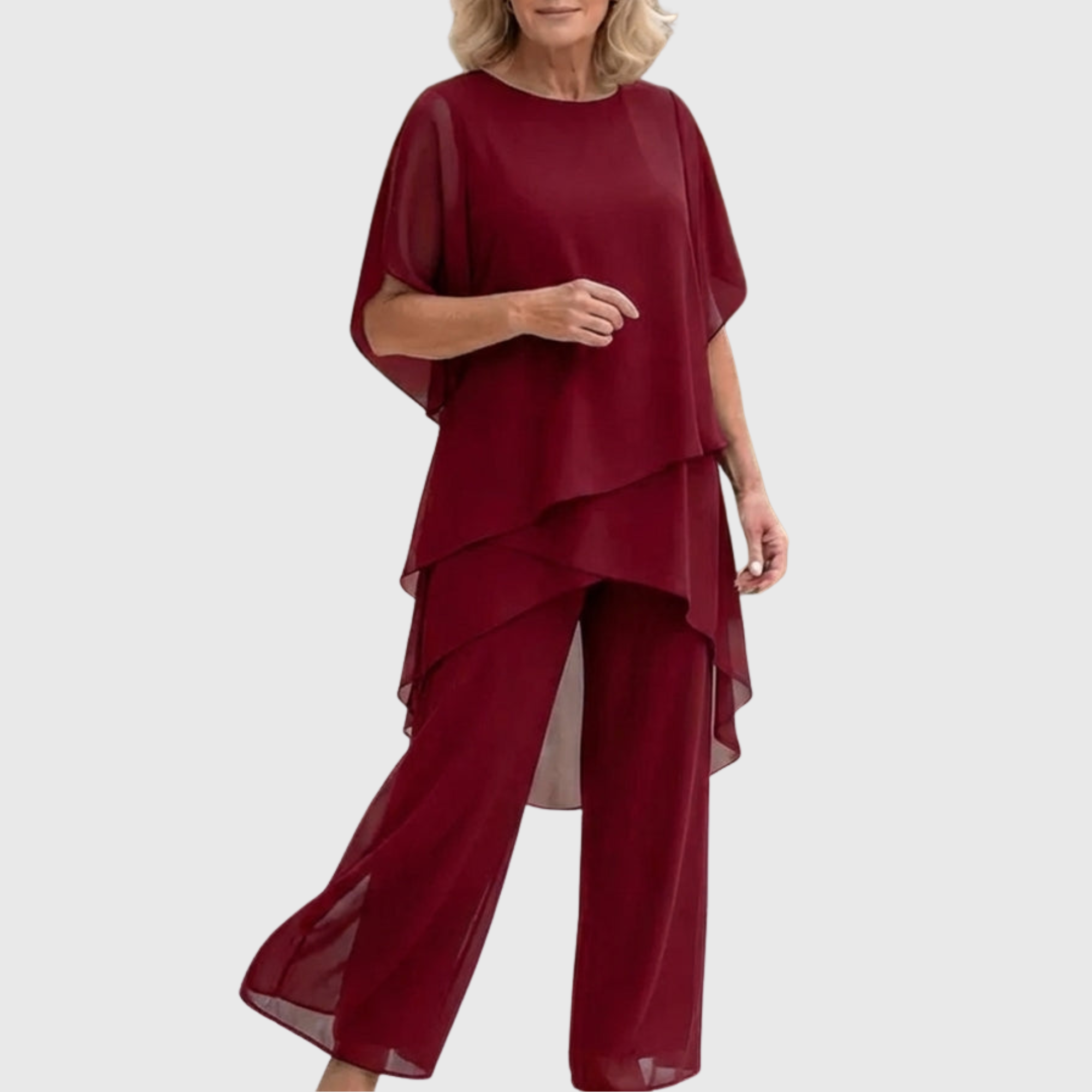 Women's flowing chiffon top with matching wide-leg trousers two-piece set