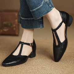 Women's leather T-strap Mary Jane flats with braided strap, buckle and pointed toe