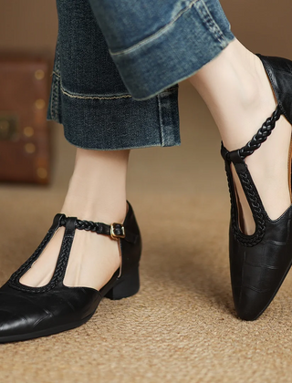Women's leather T-strap Mary Jane flats with braided strap, buckle and pointed toe