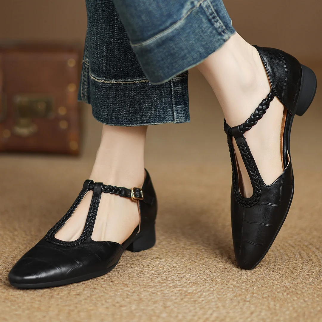 Women's leather T-strap Mary Jane flats with braided strap, buckle and pointed toe
