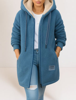 Women's hooded zip-front fleece jacket with long sleeves in a casual everyday style