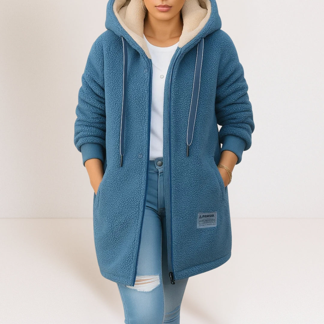 Women's hooded zip-front fleece jacket with long sleeves in a casual everyday style