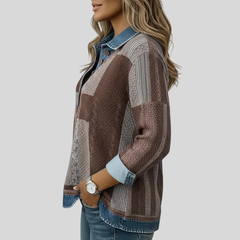 Colourblock knit sweatshirt with button placket, contrast collar and rolled cuffs in blue, black and brown