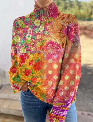 Floral polka dot turtleneck sweater with relaxed fit and ribbed cuffs and hem