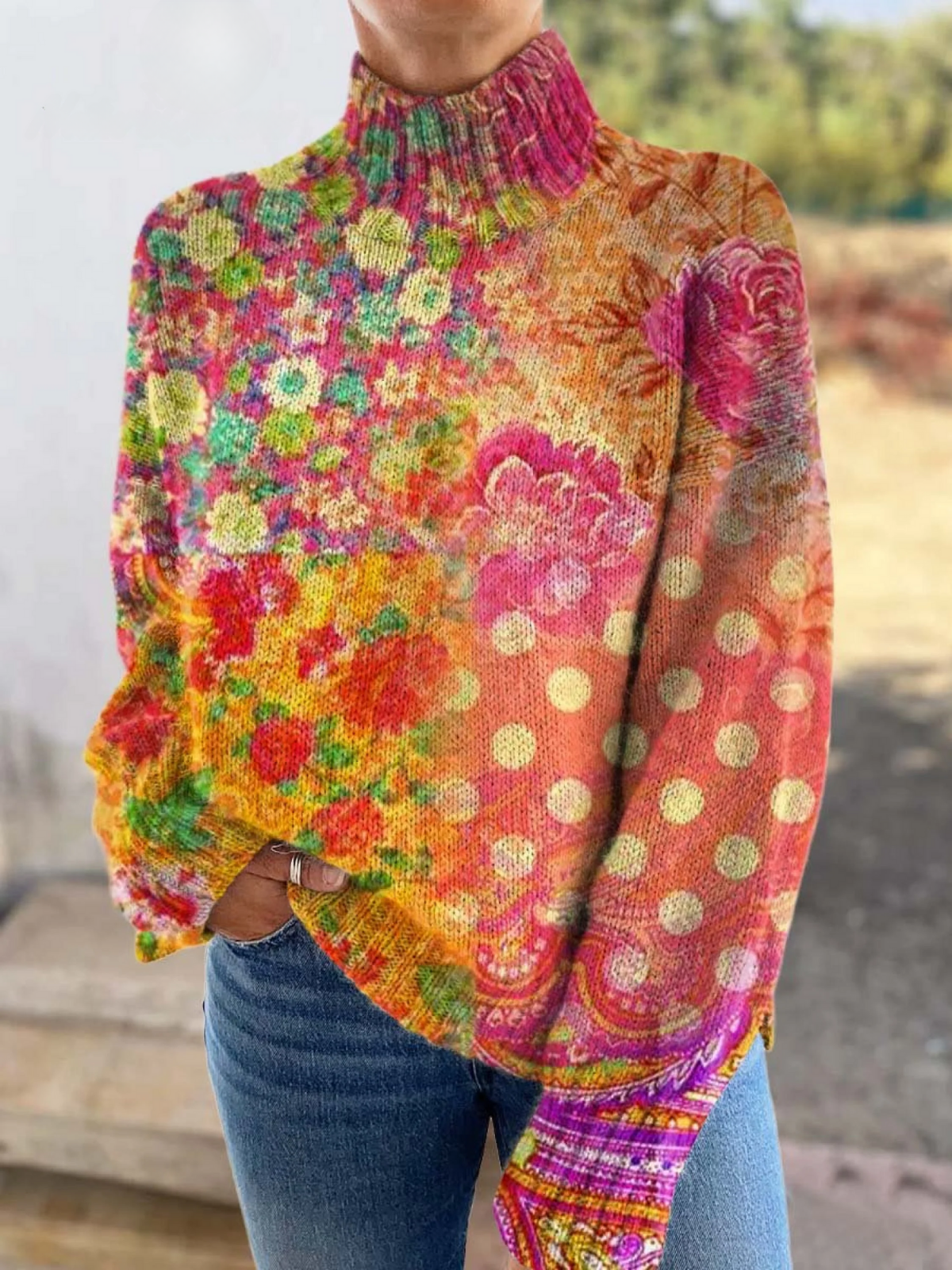 Floral polka dot turtleneck sweater with relaxed fit and ribbed cuffs and hem