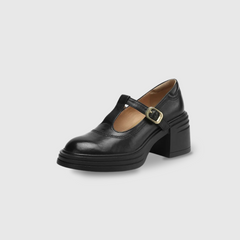 Rowena chunky block heel Mary Jane pumps with T-strap gold buckle and round toe