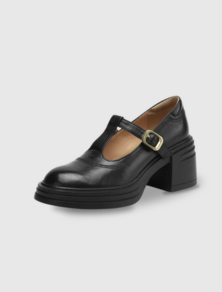 Rowena chunky block heel Mary Jane pumps with T-strap gold buckle and round toe