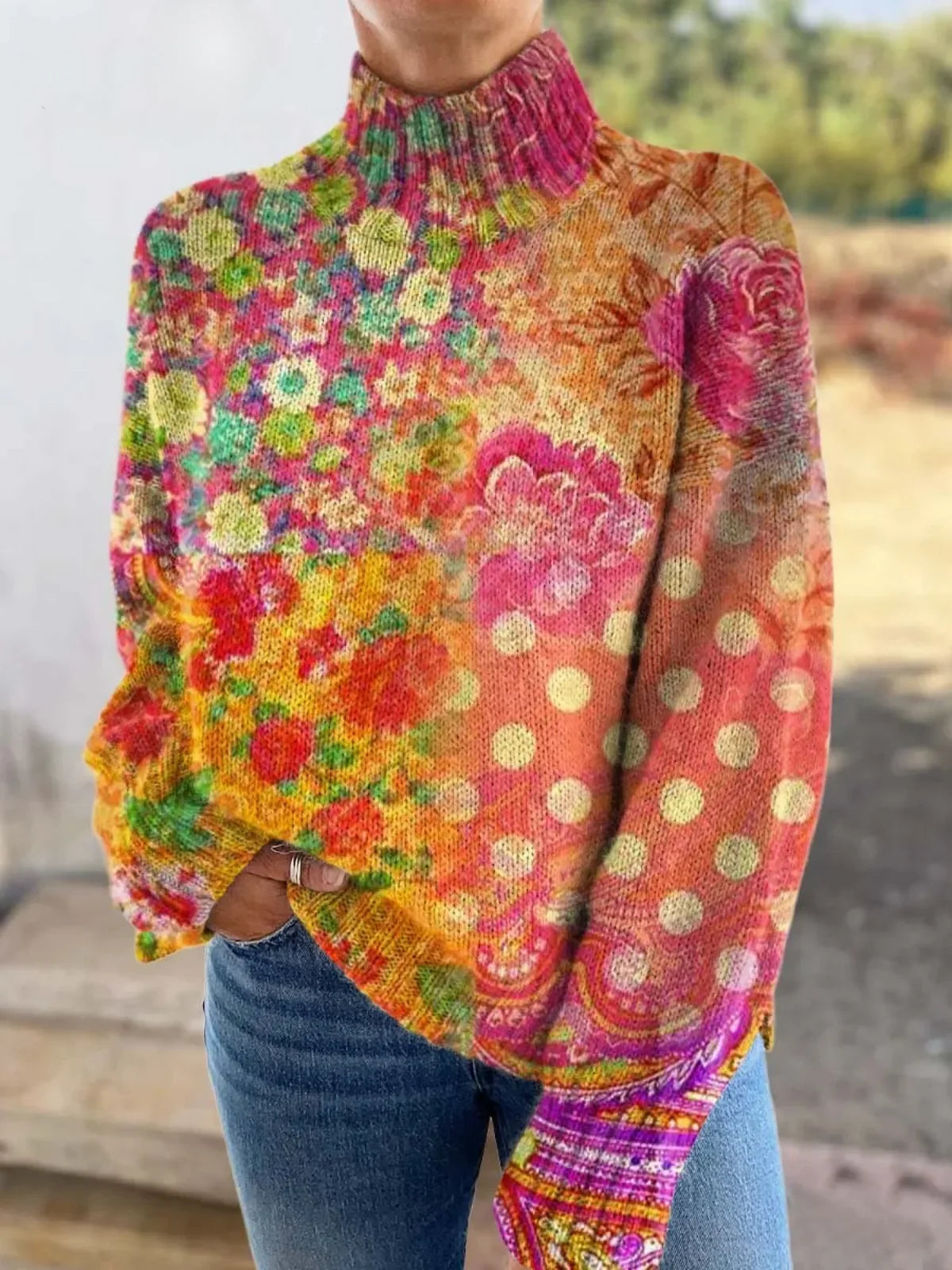 Floral polka dot turtleneck sweater with relaxed fit and ribbed cuffs and hem