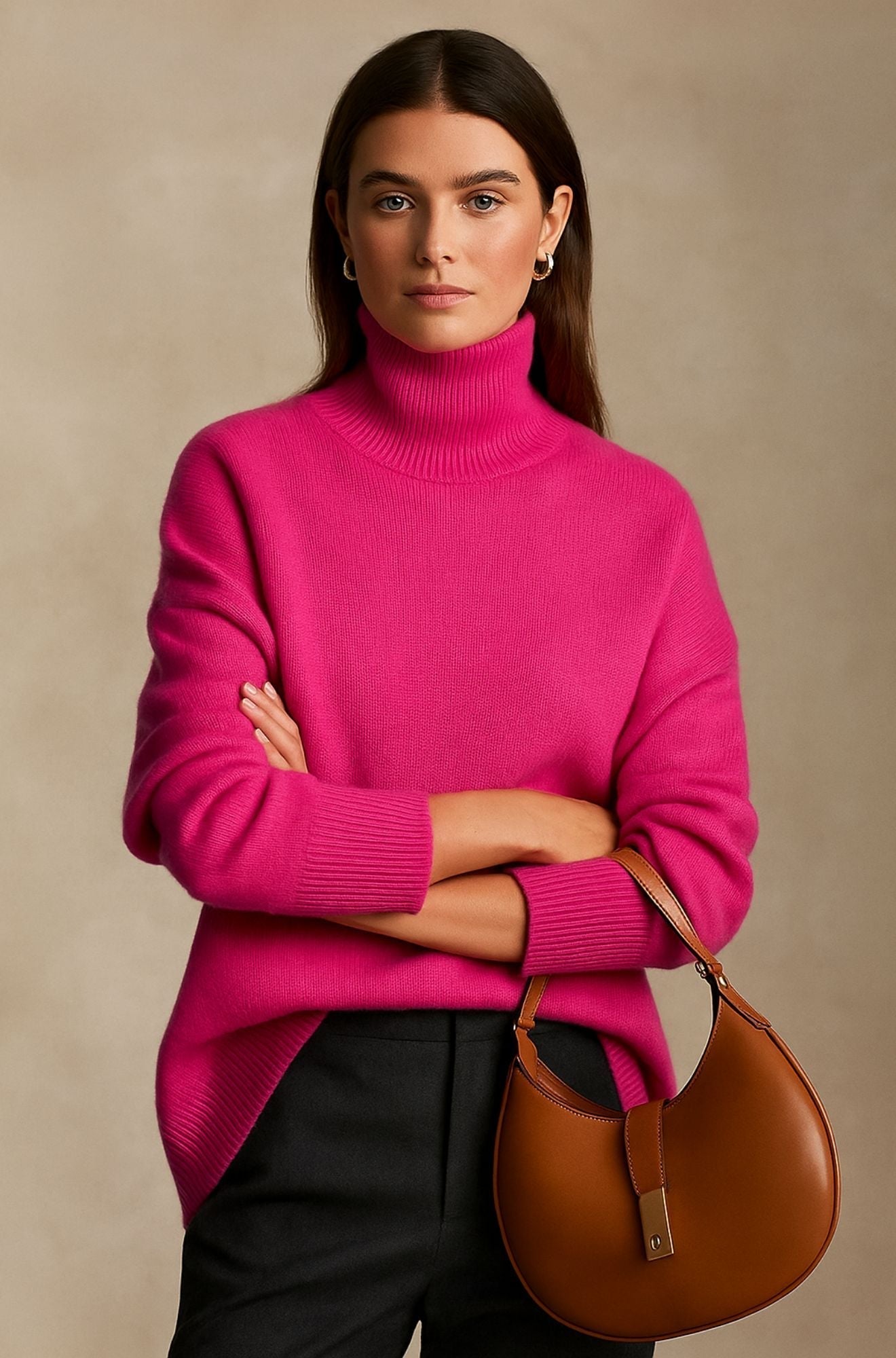 Women's high turtleneck sweater with relaxed fit, long sleeves and ribbed cuffs and hem