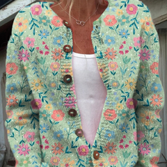 Women's open-front vintage floral cardigan in soft pastel print with toggle buttons