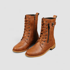 Buckled mid-calf combat boots with lace-up front and low block heel in brown, black and grey