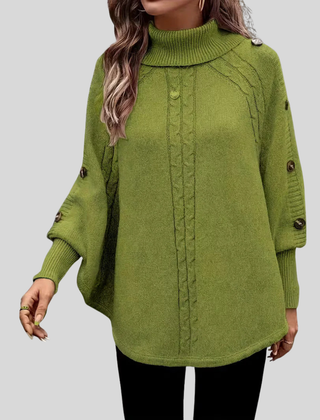 High-neck cable-knit sweater with ribbed turtleneck, shoulder buttons and relaxed oversized fit