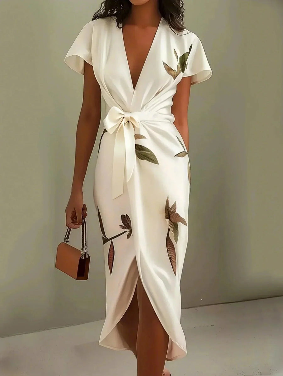 Judy | White Leaf Short Sleeve Midi Dress