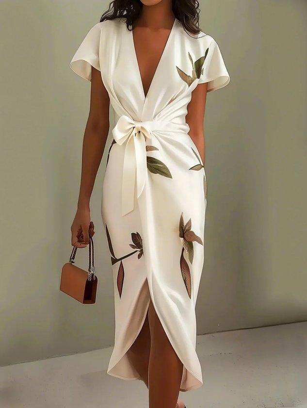 Judy | White Leaf Short Sleeve Midi Dress