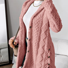 Women's hooded longline cardigan with button-front closure and raised textured surface