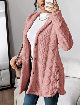Women's hooded longline cardigan with button-front closure and raised textured surface