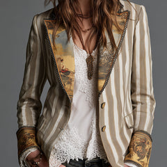 Women's khaki boho striped lapel blazer with long sleeves and relaxed silhouette