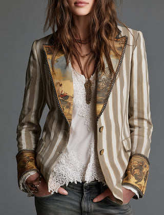Women's khaki boho striped lapel blazer with long sleeves and relaxed silhouette