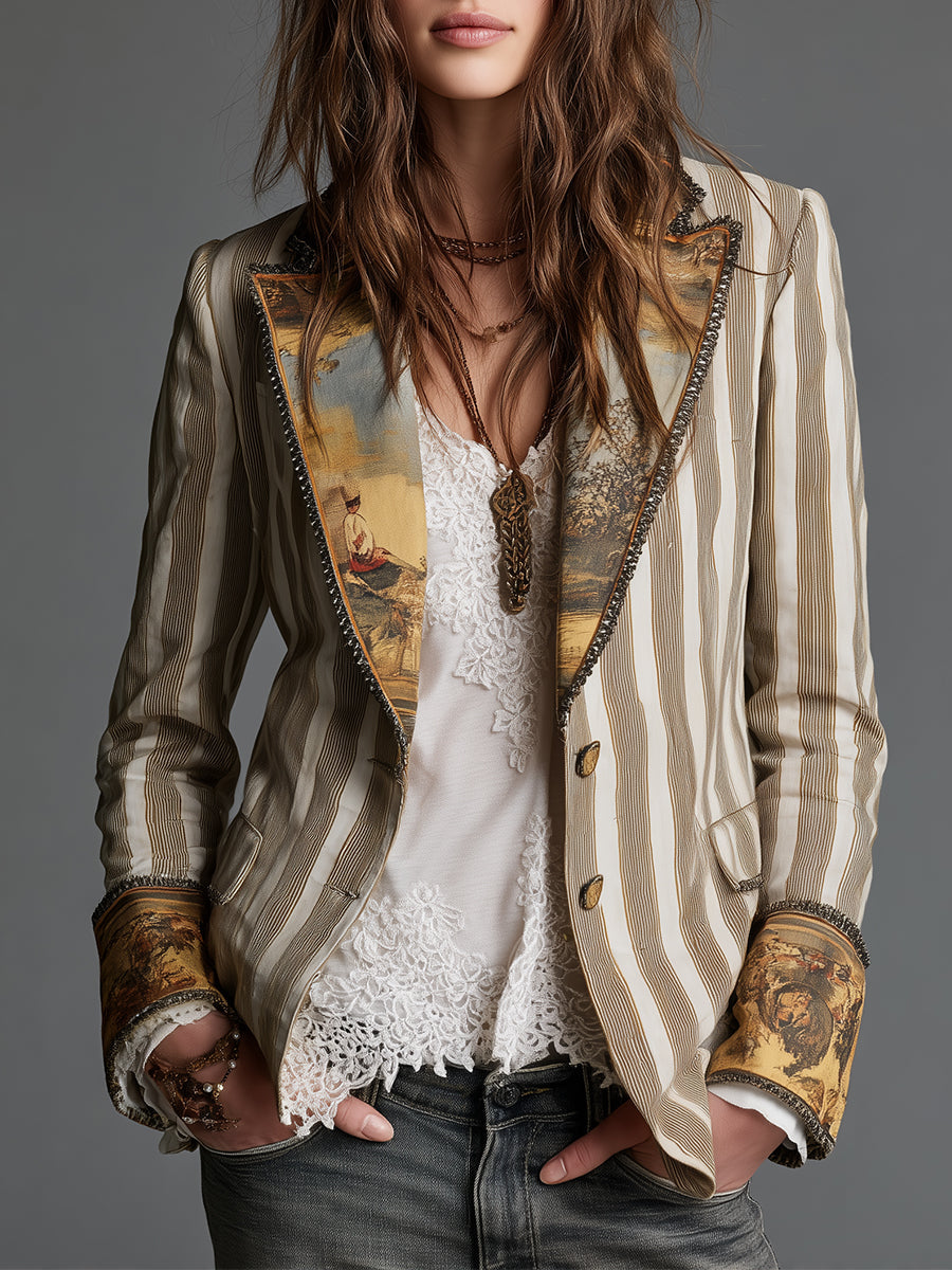 Women's khaki boho striped lapel blazer with long sleeves and relaxed silhouette
