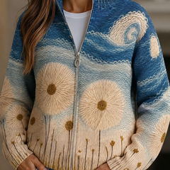 Blue quilted zip cardigan with a sunflower meadow print and ribbed cuffs and hem