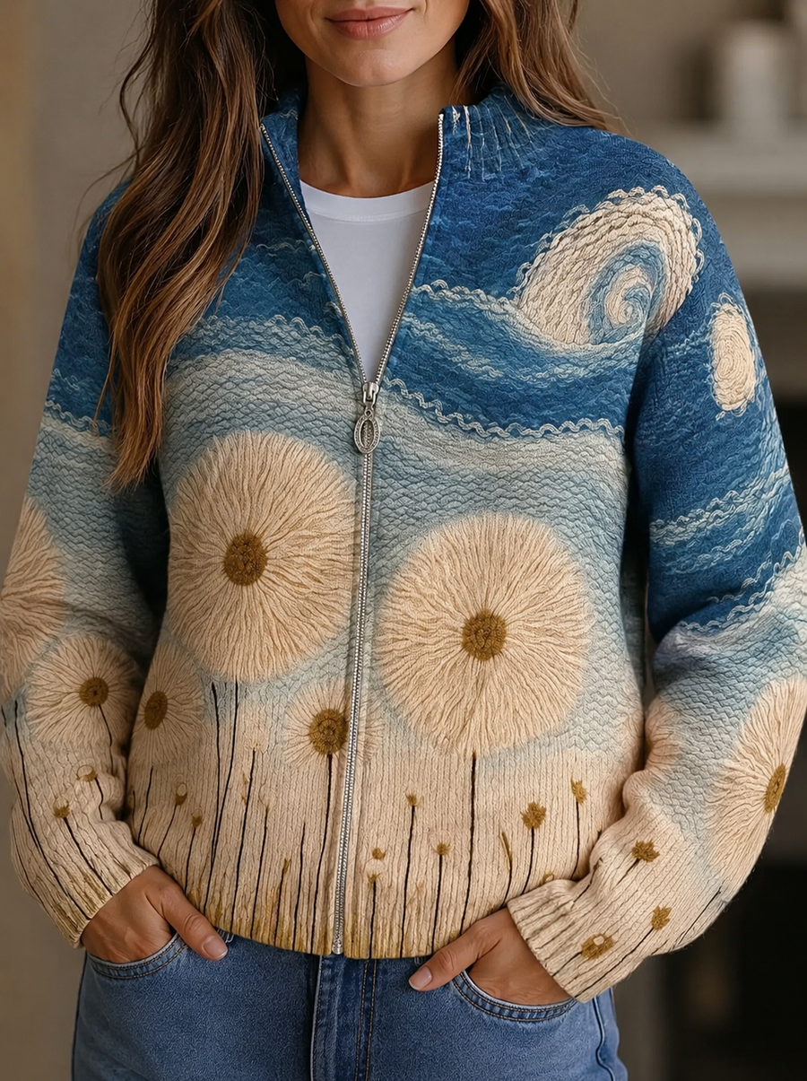 Blue quilted zip cardigan with a sunflower meadow print and ribbed cuffs and hem