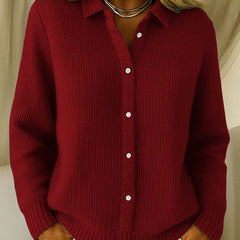 Women's collared button-front long sleeve sweater with ribbed cuffs and hemline