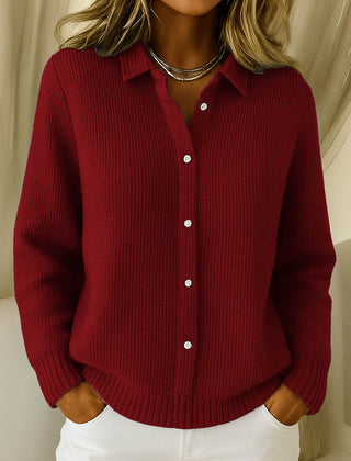 Women's collared button-front long sleeve sweater with ribbed cuffs and hemline