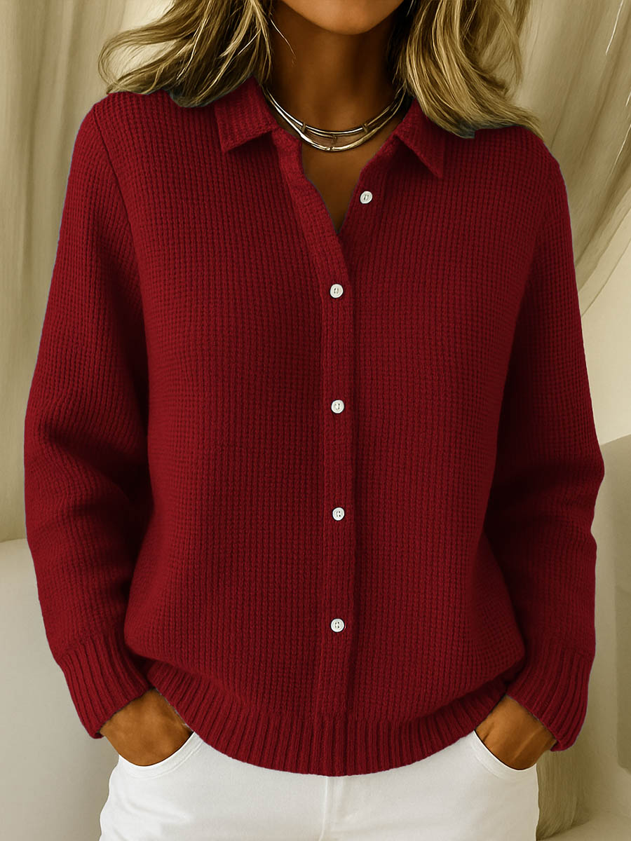 Women's collared button-front long sleeve sweater with ribbed cuffs and hemline