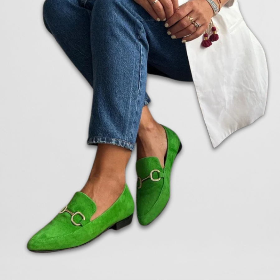 Colourful handmade women's moccasins in blue, yellow, green and purple