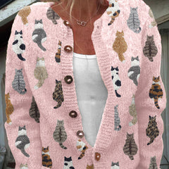 Women's cozy cat print knit cardigan with button-front closure in beige, pink and blue