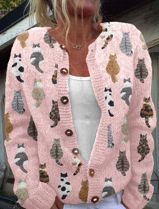 Women's cozy cat print knit cardigan with button-front closure in beige, pink and blue