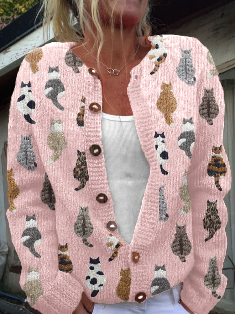 Women's cozy cat print knit cardigan with button-front closure in beige, pink and blue