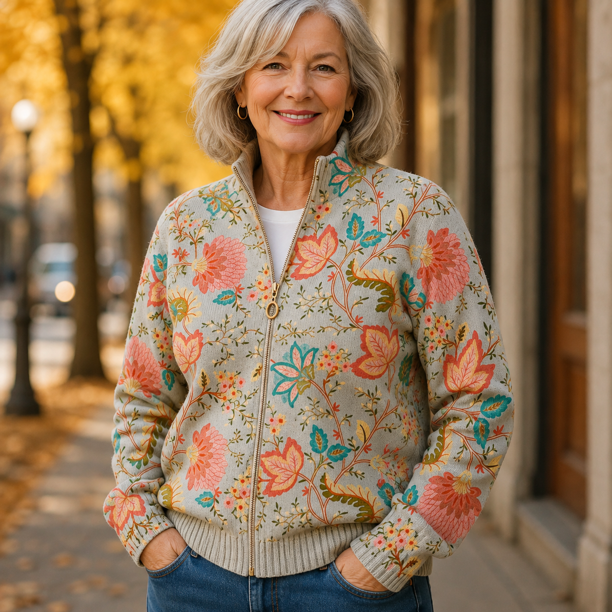Gray zip-up cardigan with coral, turquoise and gold floral print and standing collar