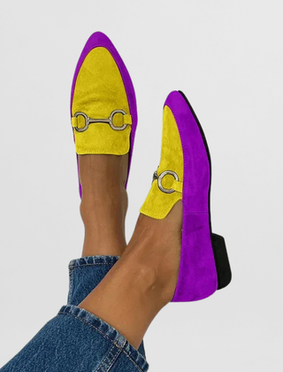 Colourful handmade women's moccasins in blue, yellow, green and purple