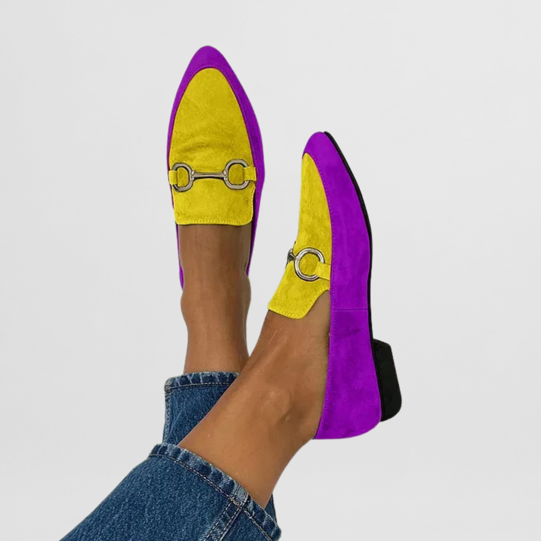 Colourful handmade women's moccasins in blue, yellow, green and purple