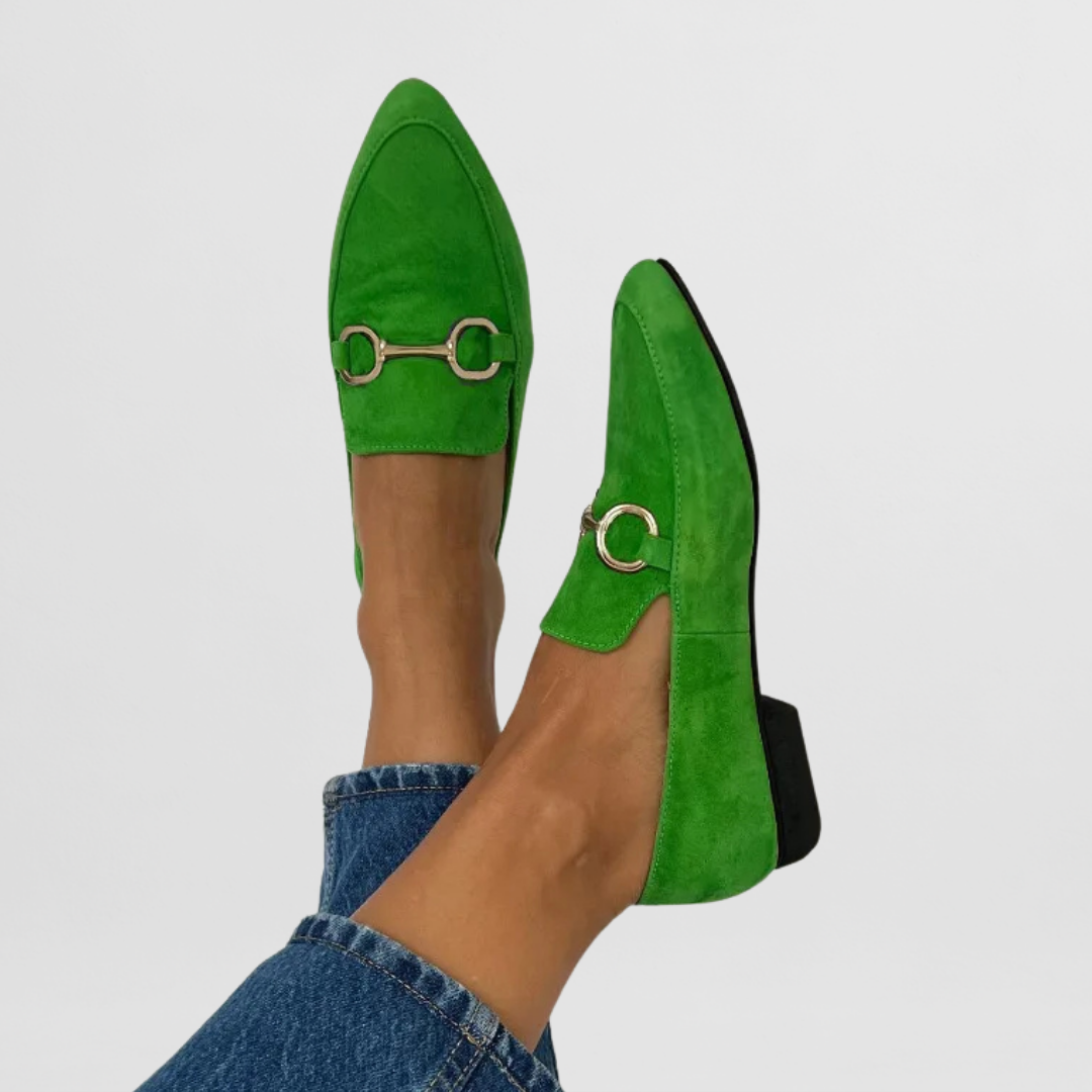 Colourful handmade women's moccasins in blue, yellow, green and purple