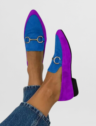 Colourful handmade women's moccasins in blue, yellow, green and purple