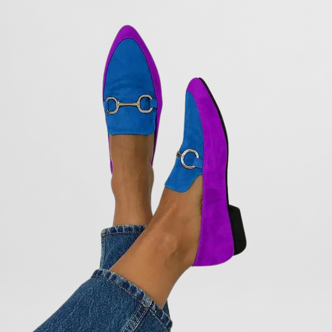 Colourful handmade women's moccasins in blue, yellow, green and purple