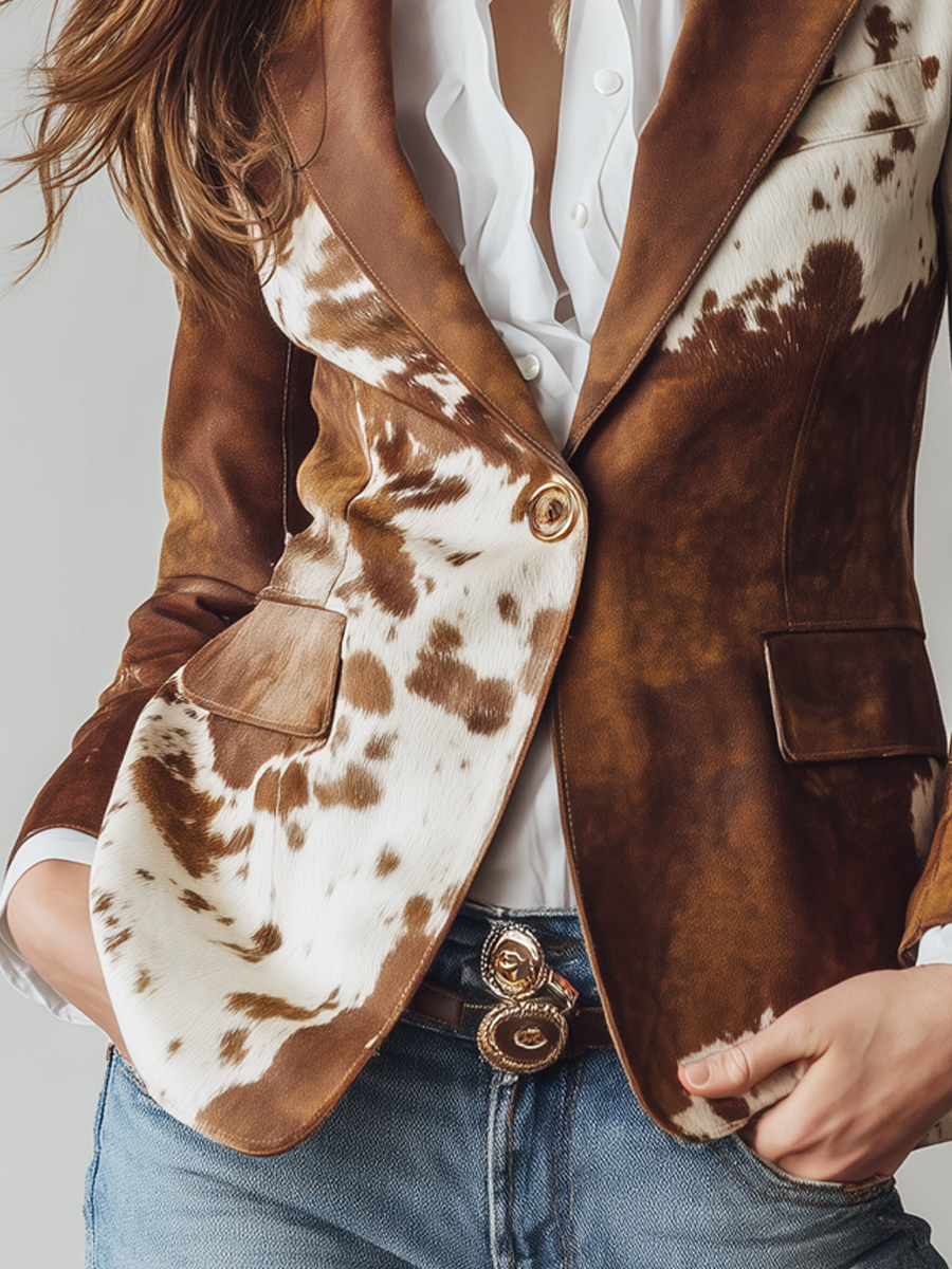Women's brown vintage cow print eco-friendly tailored blazer