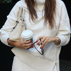 Women's relaxed long-sleeve top and wide-leg pants outfit set in Burgundy and Cream