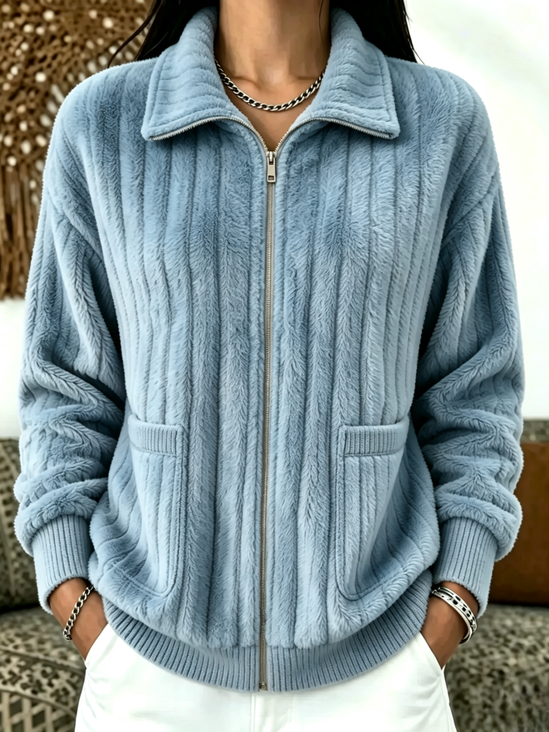 Navy soft plush fleece zip-up jacket with lapel collar and side patch pockets