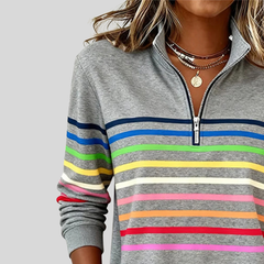 Colourful horizontal striped quarter-zip sweatshirt with silver zip and ribbed cuffs