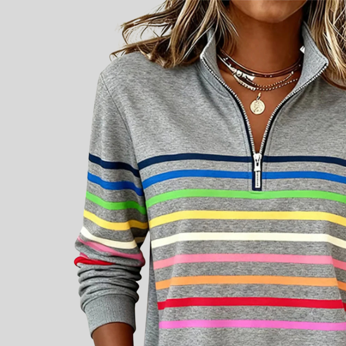 Colourful horizontal striped quarter-zip sweatshirt with silver zip and ribbed cuffs