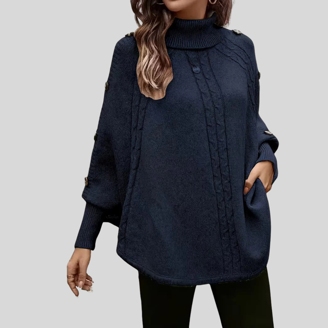 High-neck cable-knit sweater with ribbed turtleneck, shoulder buttons and relaxed oversized fit
