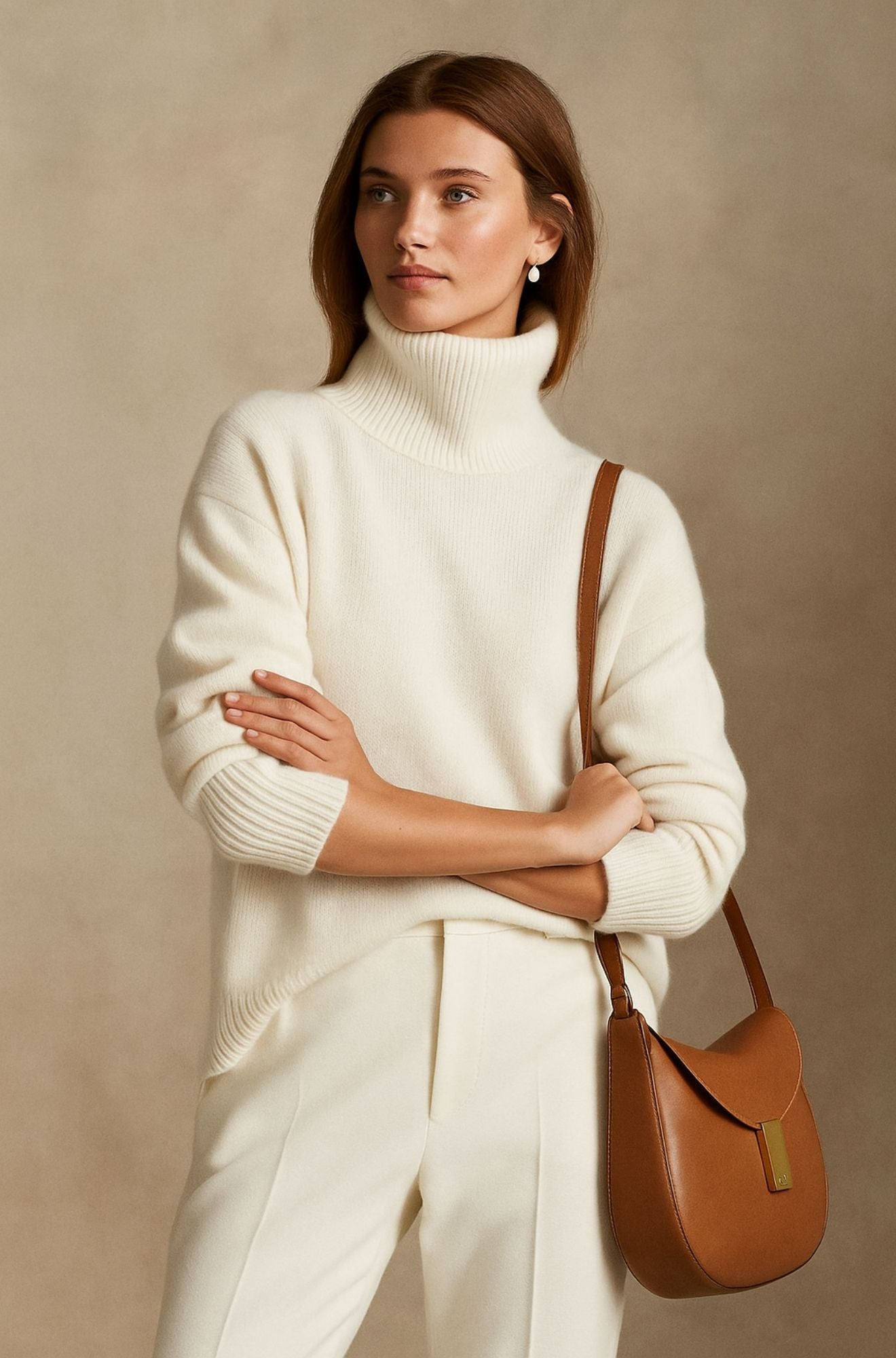 Women's high turtleneck sweater with relaxed fit, long sleeves and ribbed cuffs and hem